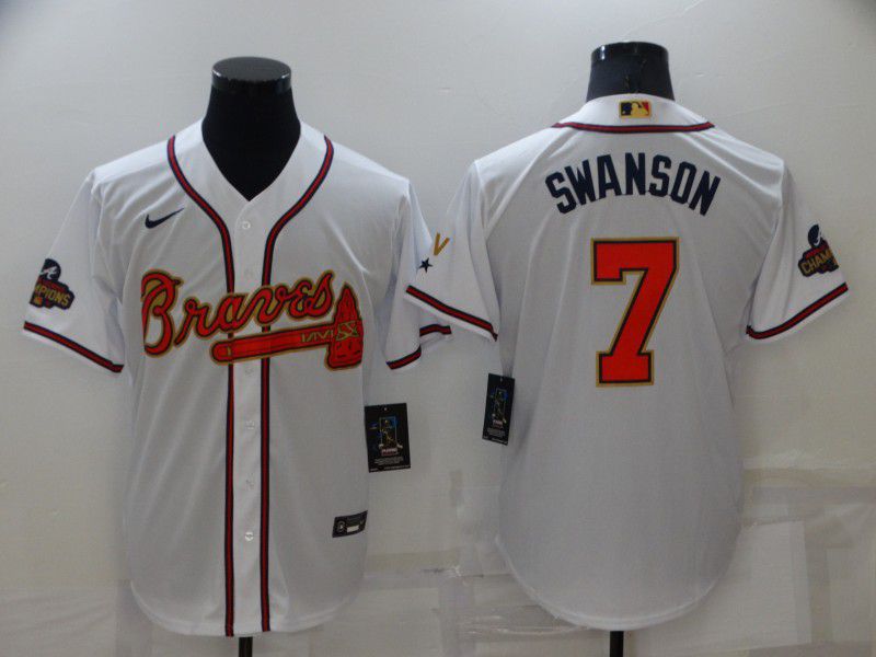 Men Atlanta Braves #7 Swanson White Gold Game Nike 2022 MLB Jersey